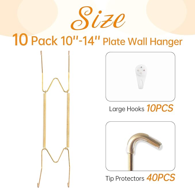 Bilillo 10 Pack Plate Hangers for the Wall, Suitable for 10-14 inch Art Plate, Invisible Heavy Duty Wire Plate Holder with Wall Hooks, Plate Hangers for Displaying Plates, Platter, Dish