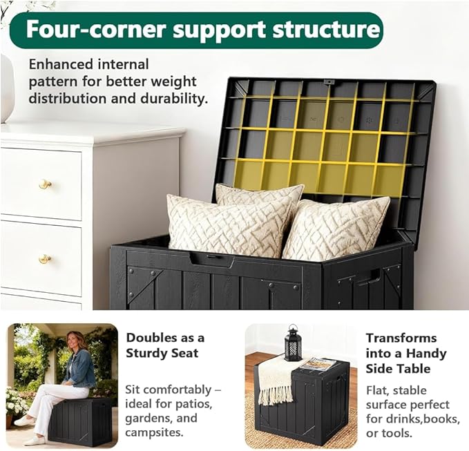 Outdoor Storage Box - 31 Gallon Waterproof Resin Deck Box, Lockable Patio Storage Bench for Package Delivery, Cushions & Garden Tools, UV Resistant (Black, 31 Gal)