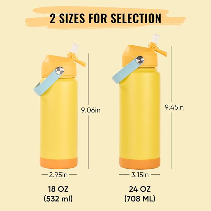 24oz Insulated Stainless Steel Water Bottle, Wide Mouth Double Wall Vacuum, Silicone Straw, Sweat & Leak Proof, BPA Free Insulated Water Flask for Travel, Keep Cold 24h Hot 12h, Lemon