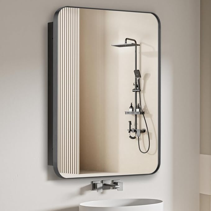 Bathroom Medicine Cabinet with 16"x26" Stainless Steel Framed Mirror,Recessed or Surface Mounted Bathroom Mirror Cabinet,Storage Cabinet for Bathrooms, Guest Rooms, Apartments, Farmhouse Decor