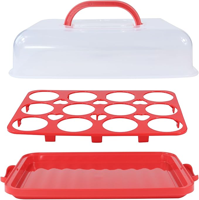 Cake Carrier with Lid, Cake Holder Cupcake Container for 12 Cupcakes 2 in 1 Portable Dessert Container for Pie Muffin Cobbler (Red)