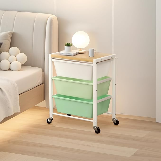 Rolling Cart with 3 Drawers, Plastic Drawer Storage Carts with Lockable Wheels & Wooden Tabletop, Metal Utility Cart Organizer, Office Bedroom Classroom Craft Organization and Storage, Bright Green