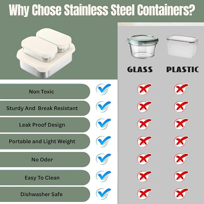 Leak Proof Stainless Steel Lunch Box Containers, 27 OZ , Stainless Steel Bento Box , Metal Lunch Box, Sandwich & Snack Containers , SIlicone Lids , Korean Style,Small Vanilla ( 1 x 27oz + 2 x 6.5 OZ )