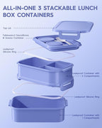 Adults Bento Lunch Box Set with Thermo Bag, 74oz Stackable Leak-proof 3-tiers Bento Box, Built-in Utensil and Sauce Container for Work, School, Dining Out (Purple)