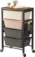Rolling Cart with 4 Drawers, Plastic Drawer Storage Carts with Wheels & Wooden Tabletop, Metal Utility Cart with Pegboards, Office Living Room Classroom Craft Organization and Storage, Dark Brown