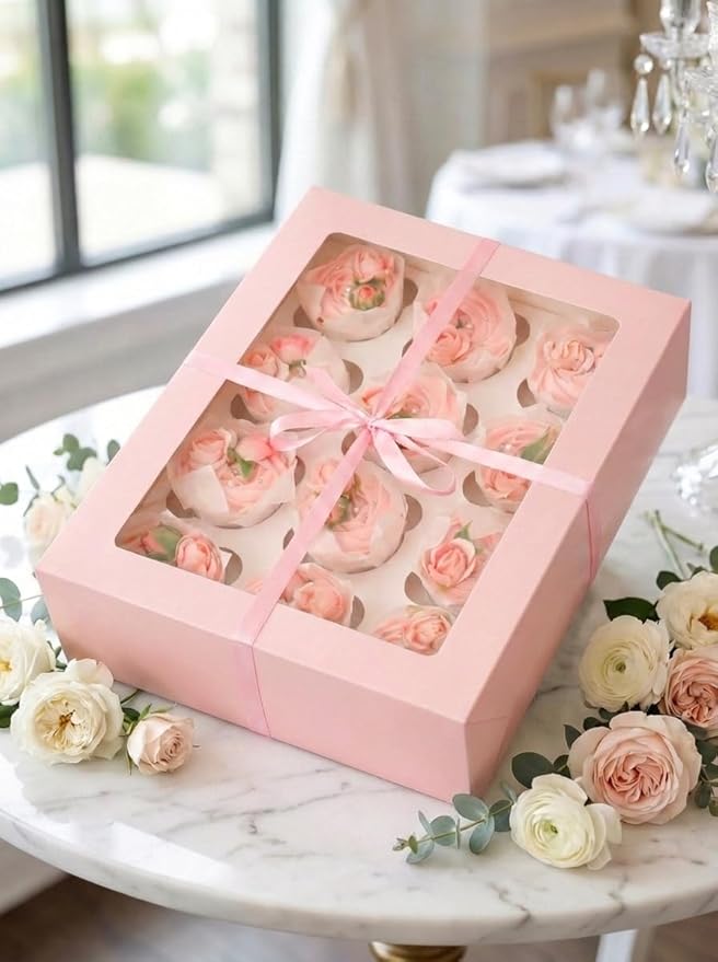Bakepacker 12 Cupcake Containers 10-Packs Pink Cupcake Box Cupcakes Carrier, 12 Cupcake Boxes with Window 13"x10"x3.5"（Auto-pop up）