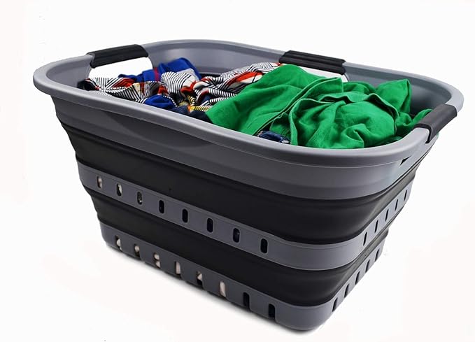 SAMMART 30L (8 Gallon) Collapsible 3 Handled Plastic Laundry Basket - Foldable Pop Up Storage Container/Organizer - Space Saving Hamper/Basket (Grey/Black)