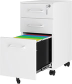 3 Drawer Slim File Cabinet, Mobile File Cabinet with Lock for Home Office, Rolling Narrow File Cabinet, Under Desk Locking Filing Cabinet on Wheels for Legal/Letter/A4 File(Unassembled,White)