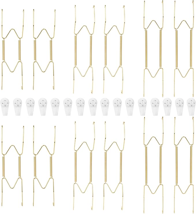 12-Pack Invisible Wall Plate Hangers, 8/10/12 Inch Brass Plate Holders with 16-Pack Wall Hooks