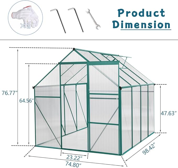 Polycarbonate Greenhouse with Rain Gutter and Roof Vent, Raised Base and Anchor Aluminum Heavy Duty Walk-in Green House, Outdoor Patio Sunroom with Sliding Door (Green, 98.43*74.8*76.77in)