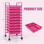 GOFLAME 10-Drawer Rolling Storage Drawer Cart, Utility Cart with Removable Drawers & Metal Frame, Mobile Art Craft Drawer Cart with Lockable Wheels for Home, Office, Studio, School, Hot Pink