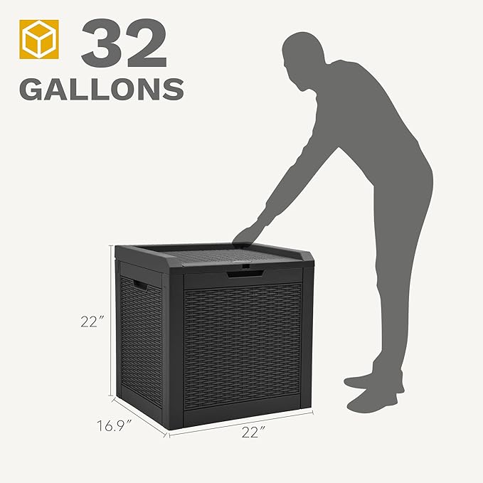 DWVO 32 Gallon Indoor Outdoor Storage Box, Resin Rattan Small Deck Box for Patio Furniture, Cushions, Garden Tools, Sports Equipment,Black