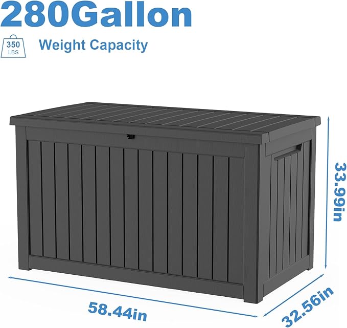 280 Gallon Outdoor Waterproof Resin Storage Deck Box Lockable Outside Bench UV Resistant Bin Patio Porch Furniture Pool Float Garden Tool Cushion Black