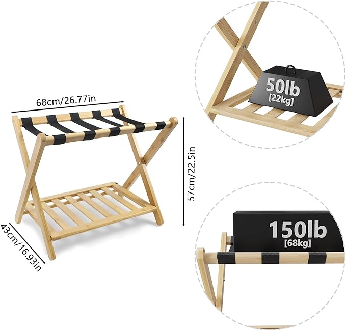 Smuxee Fully Assembled Luggage Rack for Guest Room, Upgraded Bamboo Foldable Suitcase Stand with 5 Nylon Straps, Nature Luggage Holder with Shelf for Bedroom Hotel