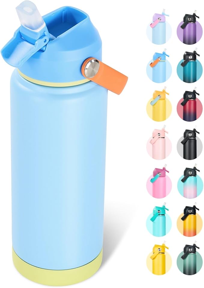24oz Insulated Stainless Steel Water Bottle, Wide Mouth Double Wall Vacuum, Silicone Straw, Sweat & Leak Proof, BPA Free Insulated Water Flask for Travel, Keep Cold 24h Hot 12h, Cerulean