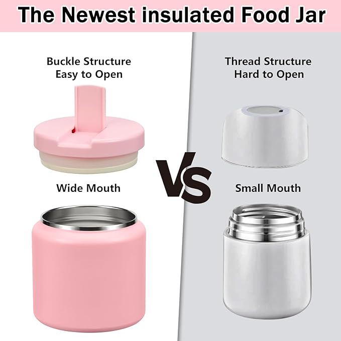 26oz Kids Jar for Hot Food, Insulated Vacuum Food Jar with Buckle Lid, Stainless Steel Wide Mouth Leak Proof Insulated Lunch Container for School Picnic Travel, Pink