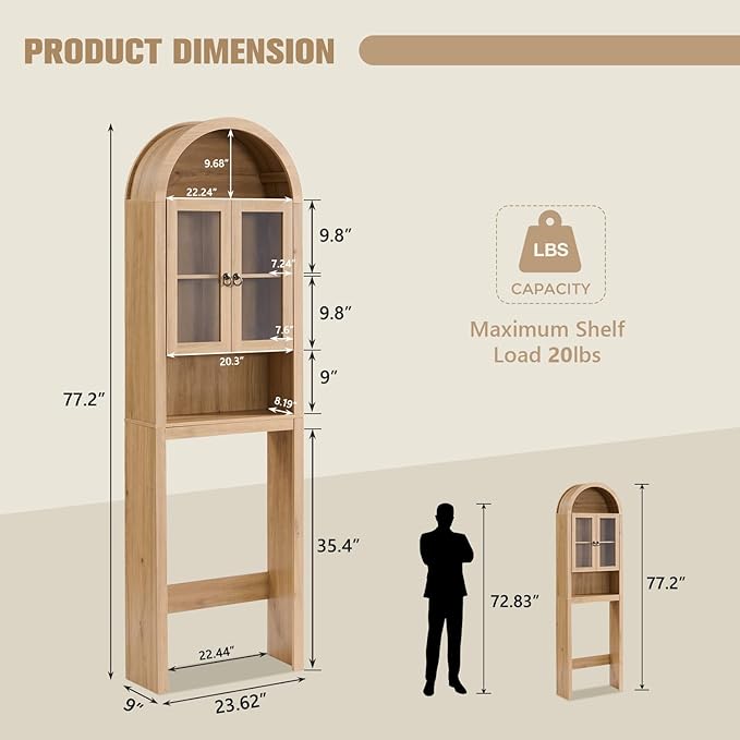 Arched Over The Toilet Storage Cabinet with Acrylic Doors, Modern Over Toilet Bathroom Organizer Shelf, Small Wooden Bathroom Storage Cabinet with Adjustable Shelf,Space Saver, Natural Oak