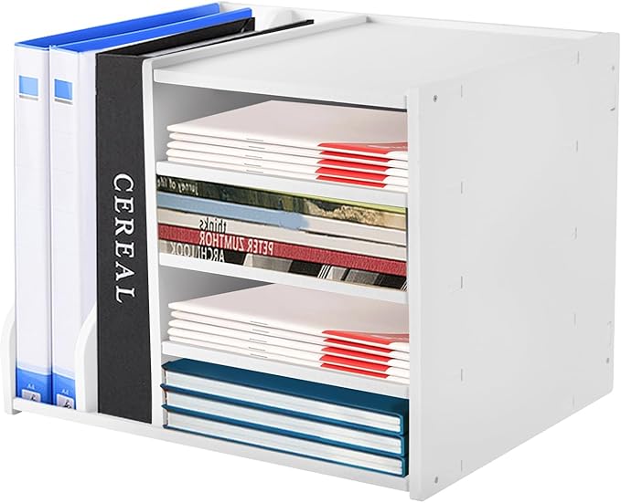 Desk Organizer for Office, 4 Tier Desktop Storage Cabinet File Holder with 2 Side Storage Cabinets, Storage Organizer Filing Case for Office Bedroom Home, L15.35*D12.2*H11.8in (White)