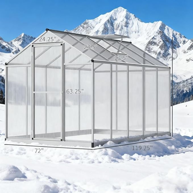 Aluminum Greenhouse with Polycarbonate Panels, Walk-in Garden Greenhouse for Outdoor Plant Growing, Durable Structure for Year-Round Gardening (Silver + Aluminum-1)