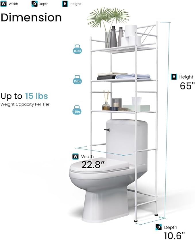 Home Zone Living Over-The-Toilet Bathroom Storage Organizer with 3-Tier Shelves and Adjustable Feet, Freestanding Steel Frame Design, White