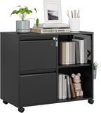 MIIIKO 2 Drawer File Cabinet on Wheels, Metal Filing Cabinets with Shelf, Home Office Mobile File Cabinet with Lock, Printer Stand Storage A4, Letter Size File Folders
