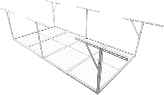 4 X 8 FT Garage Ceiling Storage Racks, Heavy Duty Overhead Garage Storages Rack with Adjustable Hight, Metal Hanging Garages Storage Rack with Support Rod, 22''- 40" Adjustable, 600 LBS (White, 4x8FT)