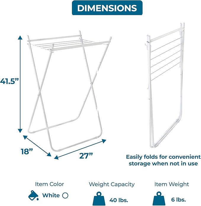 Honey-Can-Do Easy-Fold Collapsible Clothes Drying Rack – Sturdy Metal Laundry Rack, Holds 40 lbs., Space-Saving Clothes Rack, Towel Rack, Foldable Laundry Drying Rack for Indoor/Outdoor Use – White