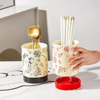 WAIT FLY Vintage Floral Porcelain Kitchen Utensil Holder with Bottom Flatware Storage Organizer Utensil Crock for Countertop Kitchen Counter Decor-Black