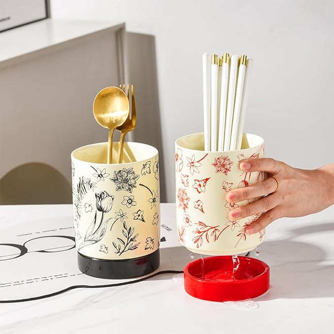 WAIT FLY Vintage Floral Porcelain Kitchen Utensil Holder with Bottom Flatware Storage Organizer Utensil Crock for Countertop Kitchen Counter Decor-Red