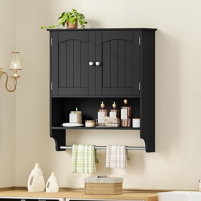 Iwell Bathroom Wall Cabinet with Adjustable Shelf & Doors, Over The Toilet Storage Cabinet, Medicine Cabinet for Bathroom, Laundry Room, Kitchen, Black
