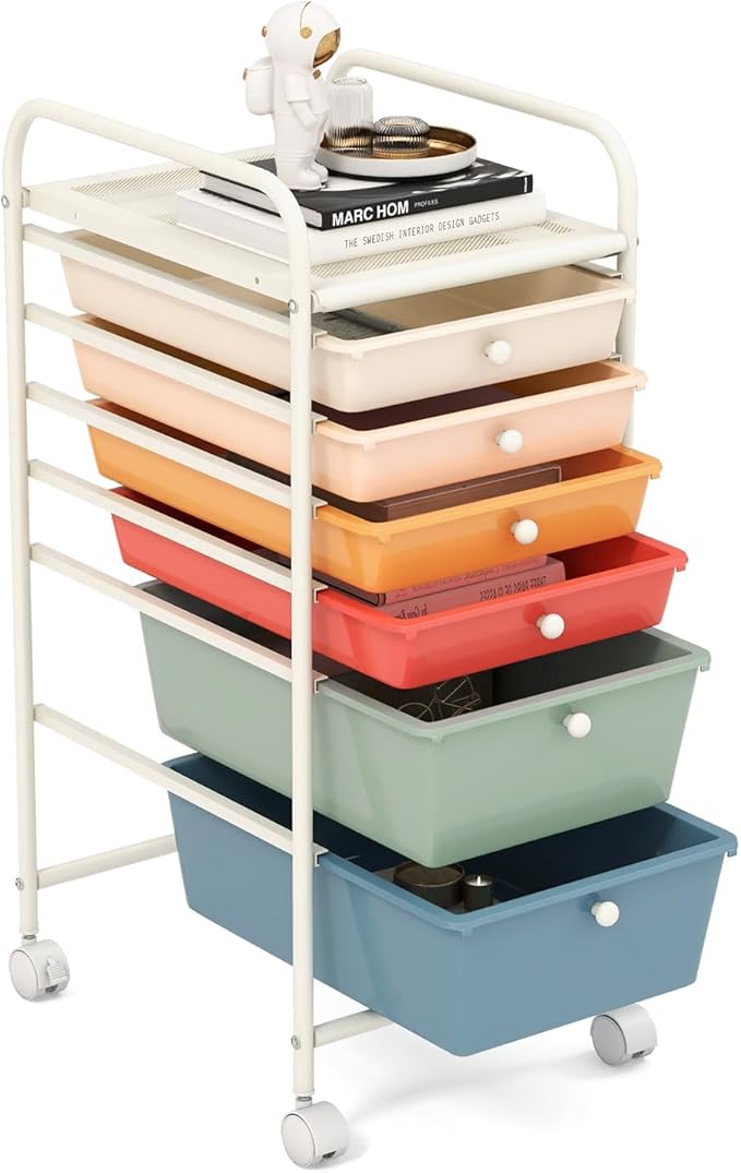 GOFLAME 6-Drawer Rolling Storage Cart, Multifunctional Art Craft Organizer Cart, Mobile Utility Storage Cart with Removable Drawers & Lockable Wheels, Craft Cart for Home Office, Macaron Color
