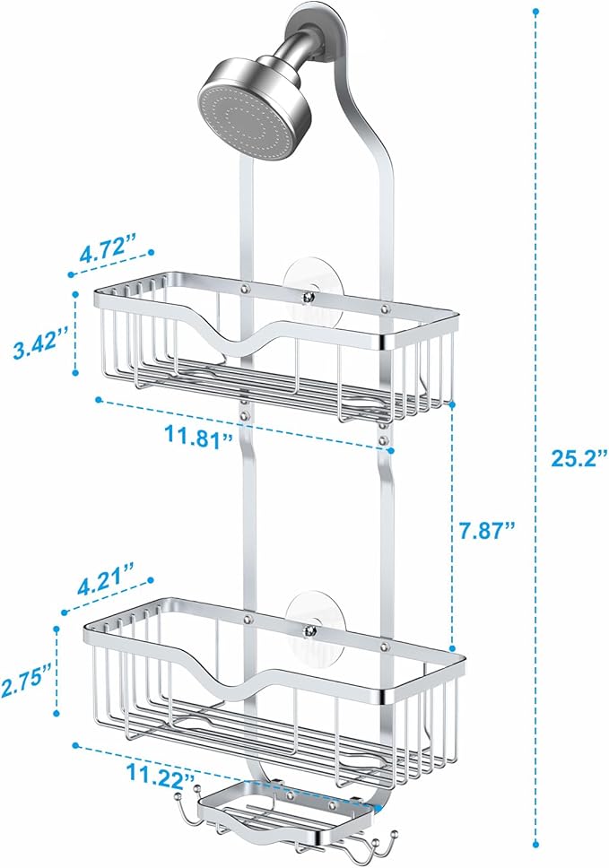 Kadolina Shower Caddy Hanging, Bathroom Shower Rack, Bathroom Organizer with Soap Dish, Over The Showerhead Caddy with Hooks for Razor/Sponge, Bright Silver (Assembly Required)