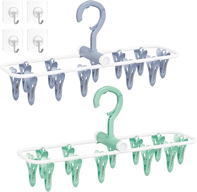 Aolloa Clothes Drying Hanger with 12 Clips, 2 Pack Folding Portable Hanging Drying Rack,Drip Foldable Hanging Rack, 360° Rotatable Hook for Drying Towels Bras Baby Clothes Gloves Plastic(Blue&Green)