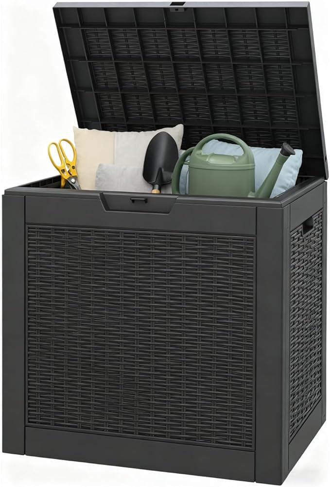 35 Gallon Outdoor Storage Box, Resin Deck Boxes Outdoor Waterproof For Patio Furniture, Garden Tools, Pool Supplies, Lockable And UV Resistant (Rattan Black)