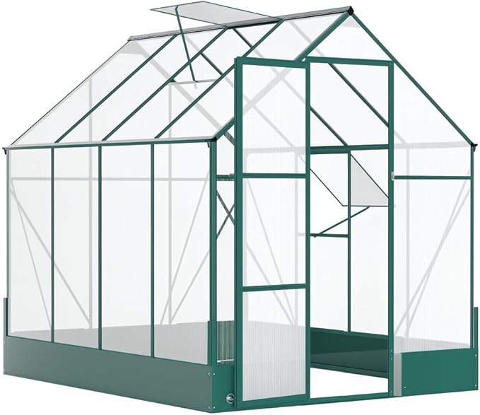 Aluminum Greenhouse with Polycarbonate Panels, Walk-in Garden Greenhouse for Outdoor Plant Growing, Durable Structure for Year-Round Gardening (Green + Aluminum)