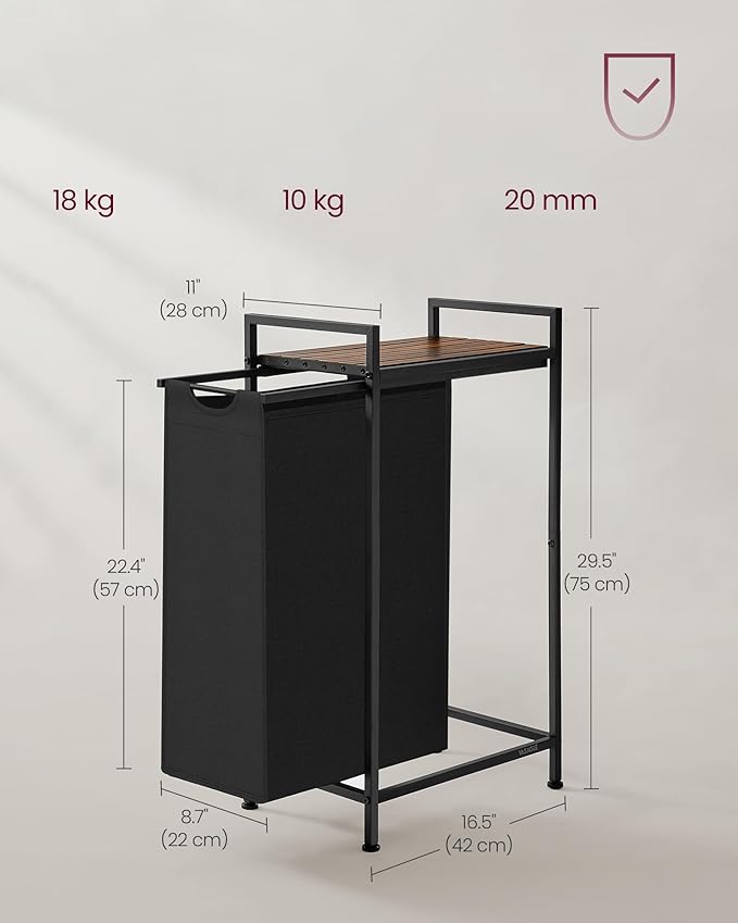 VASAGLE Laundry Basket, Laundry Basket with Shelf, Laundry Box, Oxford Fabric Laundry Bag, Removable, Metal Frame, 47 L, 42 x 28 x 75 cm, Ink Black, Vintage Brown, BLH001B01