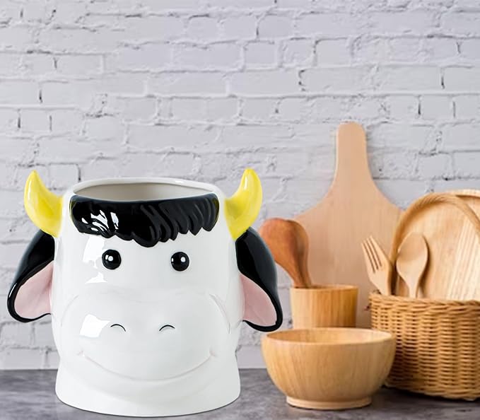 Cow Kitchen Utensil Holder For Countertop Ceramic Utensil Crock For Kitchen Countertop, White Pink Decor Cute Farmhouse Storage Organizer For Forks, Spoons & Cooking Tools