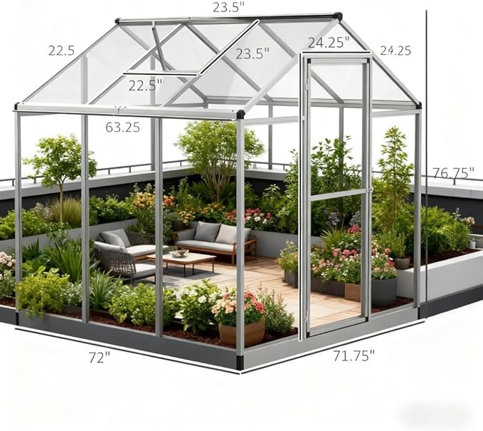 Aluminum Greenhouse with Polycarbonate Panels, Walk-in Garden Greenhouse for Outdoor Plant Growing, Durable Structure for Year-Round Gardening (Silver + Aluminum)