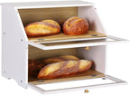 HOMEKOKO Double Layer Large Bread Box for Kitchen Counter, Wooden Large Capacity Bread Storage Bin (White)