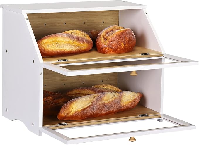 HOMEKOKO Double Layer Large Bread Box for Kitchen Counter, Wooden Large Capacity Bread Storage Bin (White)