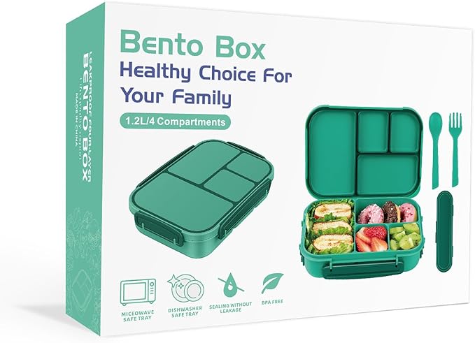 Lunch Box Kids,Bento Box Adult,Leakproof Lunch Containers for Adults/Kids/Toddler,1200ML-4 Compartments bento Lunch box with Utensil,Microwave & Dishwasher & Freezer Safe (Green)
