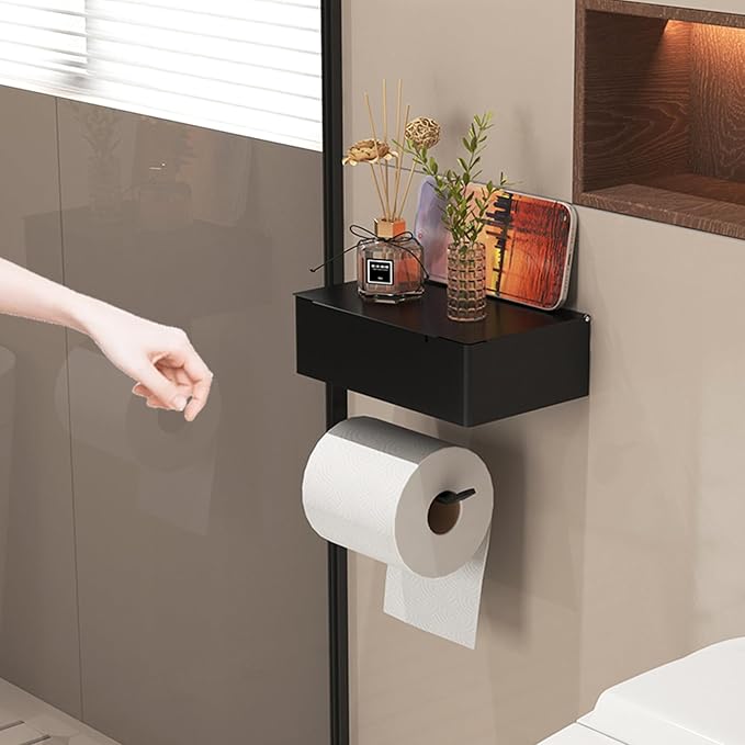Generic Wall Mount Toilet Paper Holder with Storage Box, Black Metal, Modern Style, 8.07x4.92x2.56 Inch Bathroom Organizer