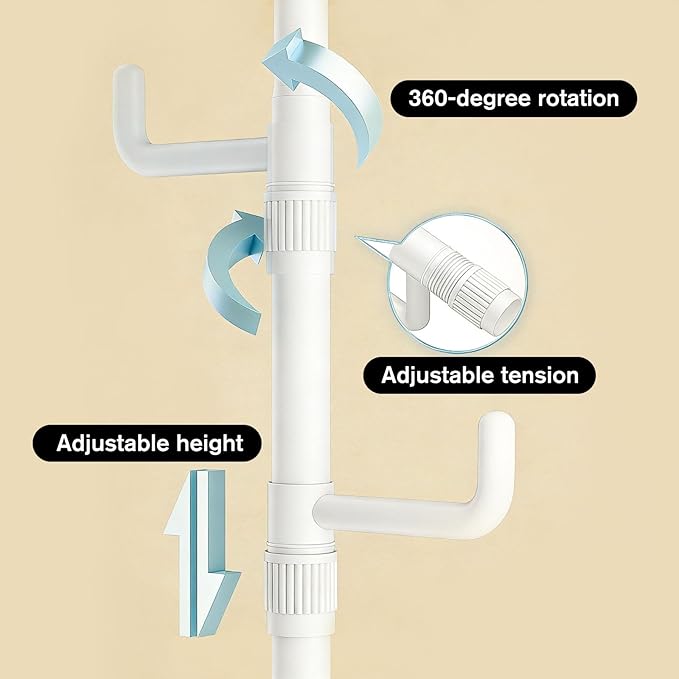 Floor to Ceiling Clothes Drying Rack, Adjustable Tension Pole Laundry Rack for Balcony. Vertical Coat Hanger Stand for Bathroom Bedroom, No Drilling Easy Install Space Saving (White)