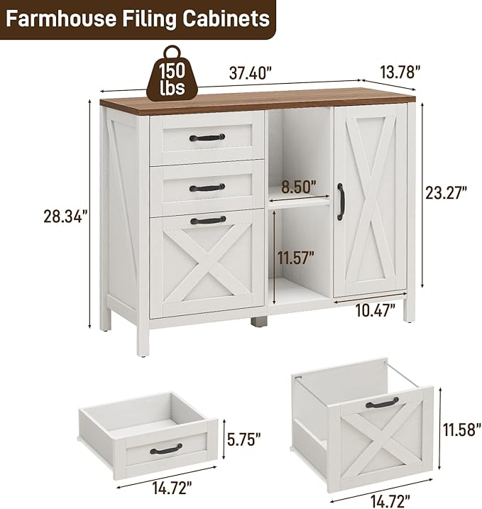 3 Drawer File Cabinet, Farmhouse Style Lateral Filing Cabinet Suitable for Letter or A4 Size Files, Wooden Home Office Storage with Adjustable Shelf and Printer Stand, White and Brown