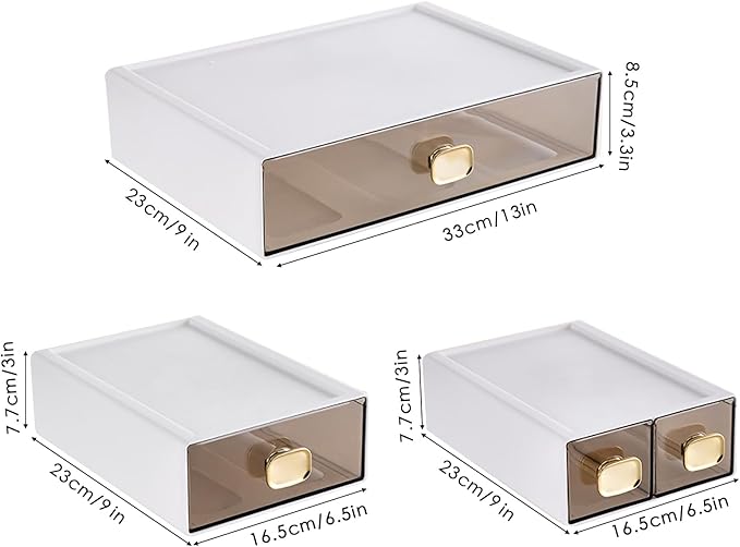 2 PACK Stackable Desk Organizer Stackable Storage Drawer Small Desk Organizer with Drawer Plastic Desktop Storage Organizer for Home, Office, Crafts, Pencils (White, M-1 Drawer, Pack of 2)