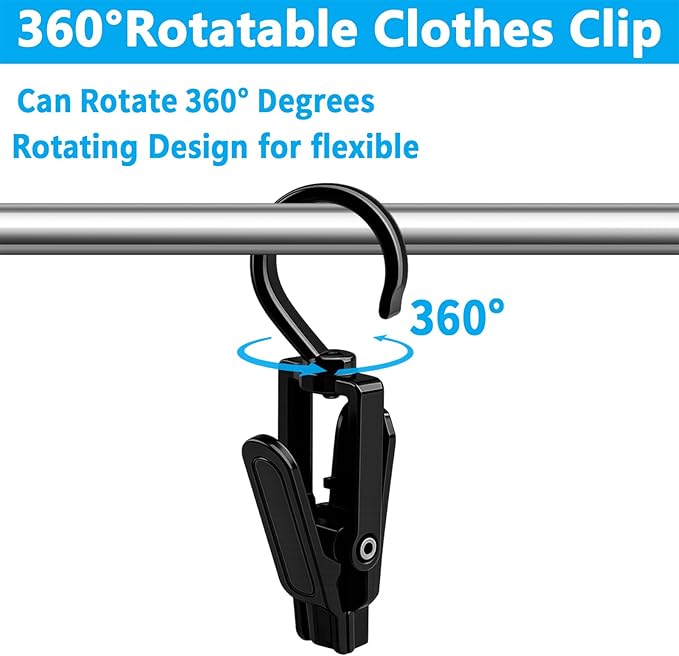 VinBee 20 PCS Laundry Hooks with Clips Super Strong Plastic Home Travel Swivel Hanging Hanger Closet Organizer Clamps Socks Boot Bras Towels for Bathroom Wardrobe Kitchen - 4.3 Inches (Black+White)
