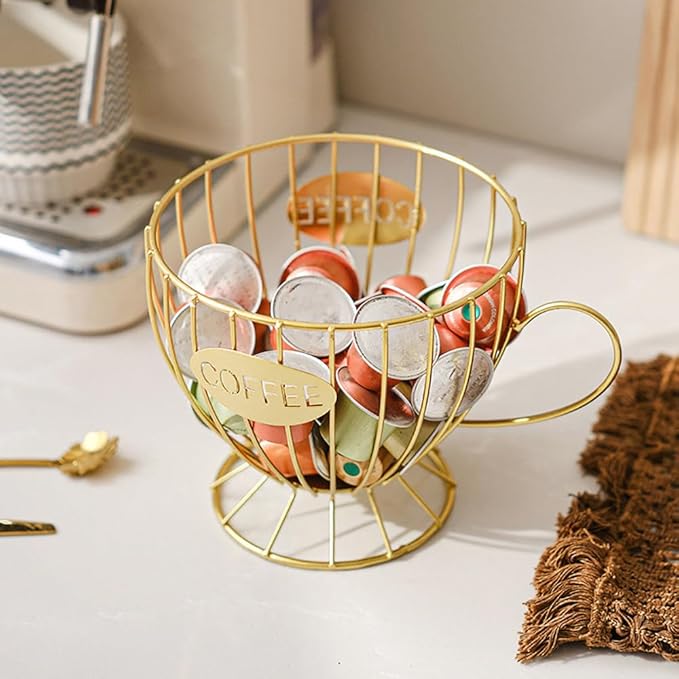 Coffee Pod Holder,Large K Cup & Capsule Organizer, Coffee Capsule Basket, Metal Coffee Bar Organizer for Kitchen Dinning Room Office Home Cafe Hotel (Gold)