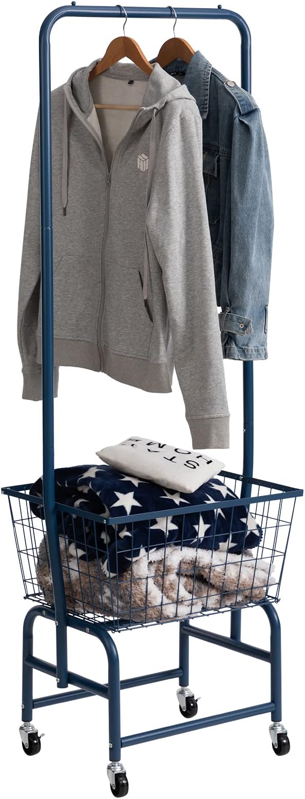 ALIMORDEN Laundry Cart with Clothes Rack, Rolling Laundry Butler with Wire Storage Rack，Navy Blue