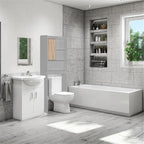 Pemberly Row Over the Toilet Storage Cabinet, Light Gray and Oak Finish, Engineered Wood, 3 Open Shelves, 2 Enclosed Shelves, Modern Bathroom Organizer, Space-Saving Design, 9.5” D x 23.5” W x 67” H