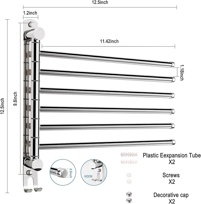 6 - Arm Stainless Steel Swivel Towel Rack with Hook: Wall - Mounted, Rustproof Space - Saver for Bathroom & Kitchen - 180° Rotation, 14kg Capacity